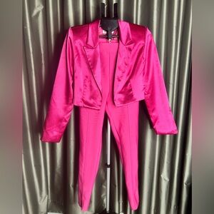 Vibrant Satin Pink Blazer and Pants Set
